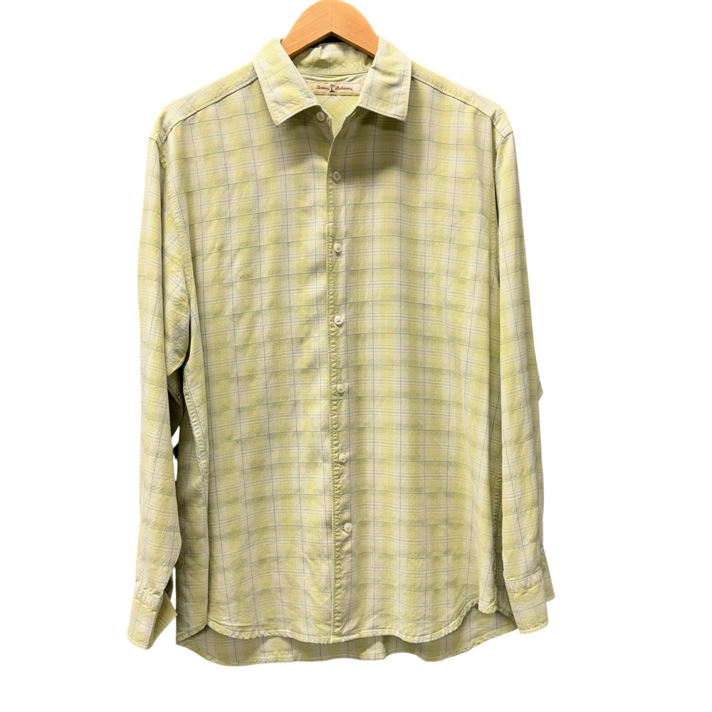 Tommy Bahama Silk Shirt Button Up Mens L Plaid Green Blue Luxury Long Sleeve
